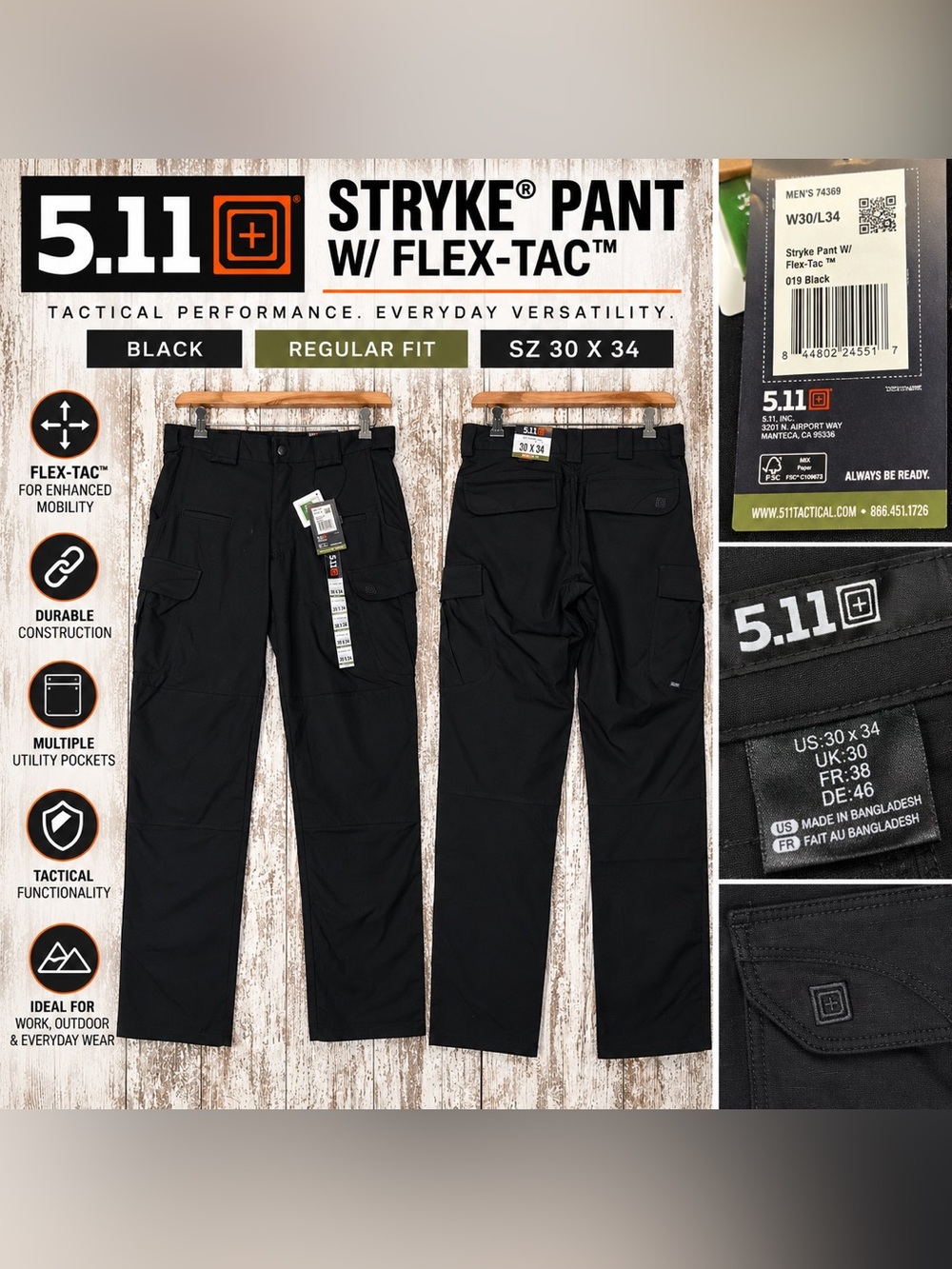5.11 Stryke Flex-Tac Tactical Pants Men’s 30x34 Black Regular Fit NWT
